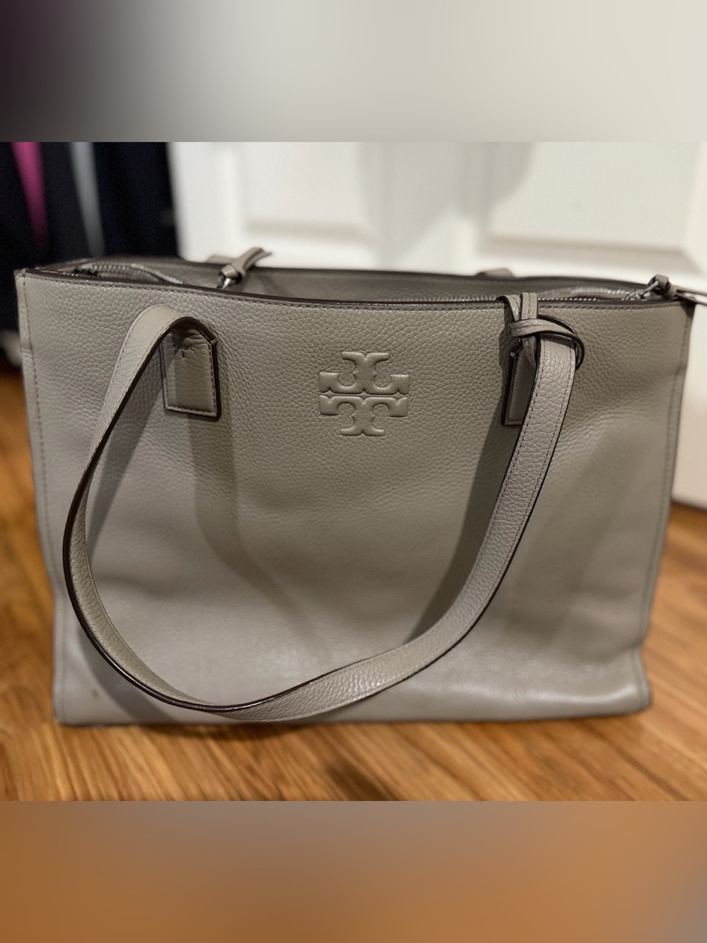Tory Burch Pebbled Leather Tote in Taupe Gray